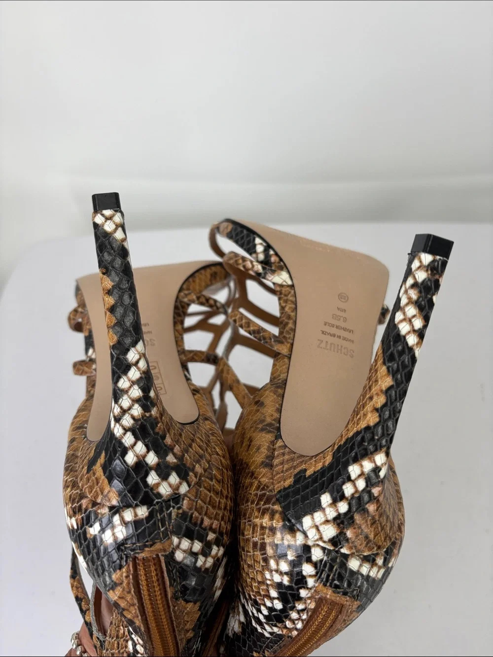 🐳 nwob SCHUTZ Brown Snake-Print Strappy cage High Heel Sandal Julianna.